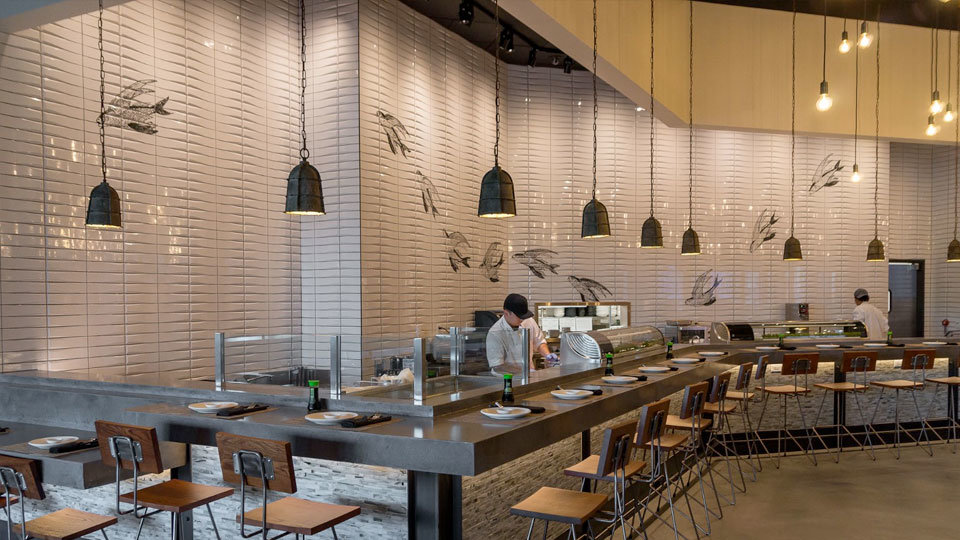 interior shot of bar seating in boathouse restaurant in california